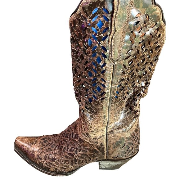 Dan Post Women's SIze 7M Brown Distressed Open Lattice Type Design Cowboy Boots - Picture 5 of 10